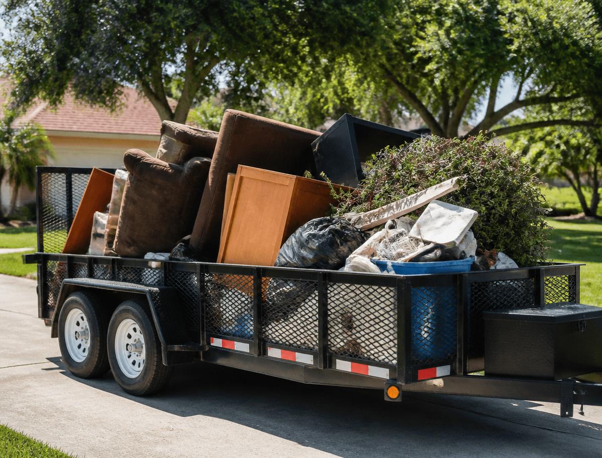 Junk removal trailer loaded with furniture, yard waste, and debris