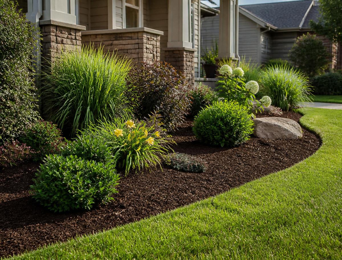 Freshly mulched garden bed with shrubs and flowers