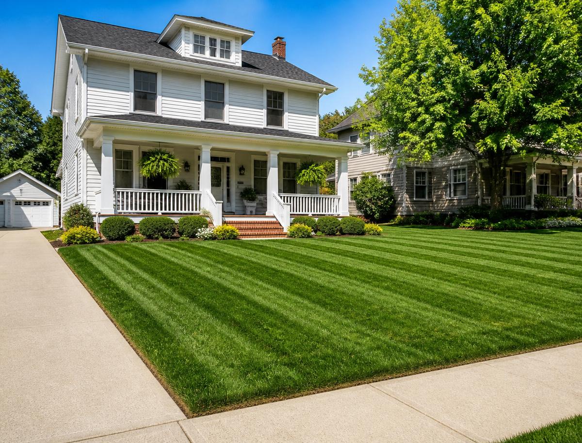 Freshly mowed front lawn with clean stripes