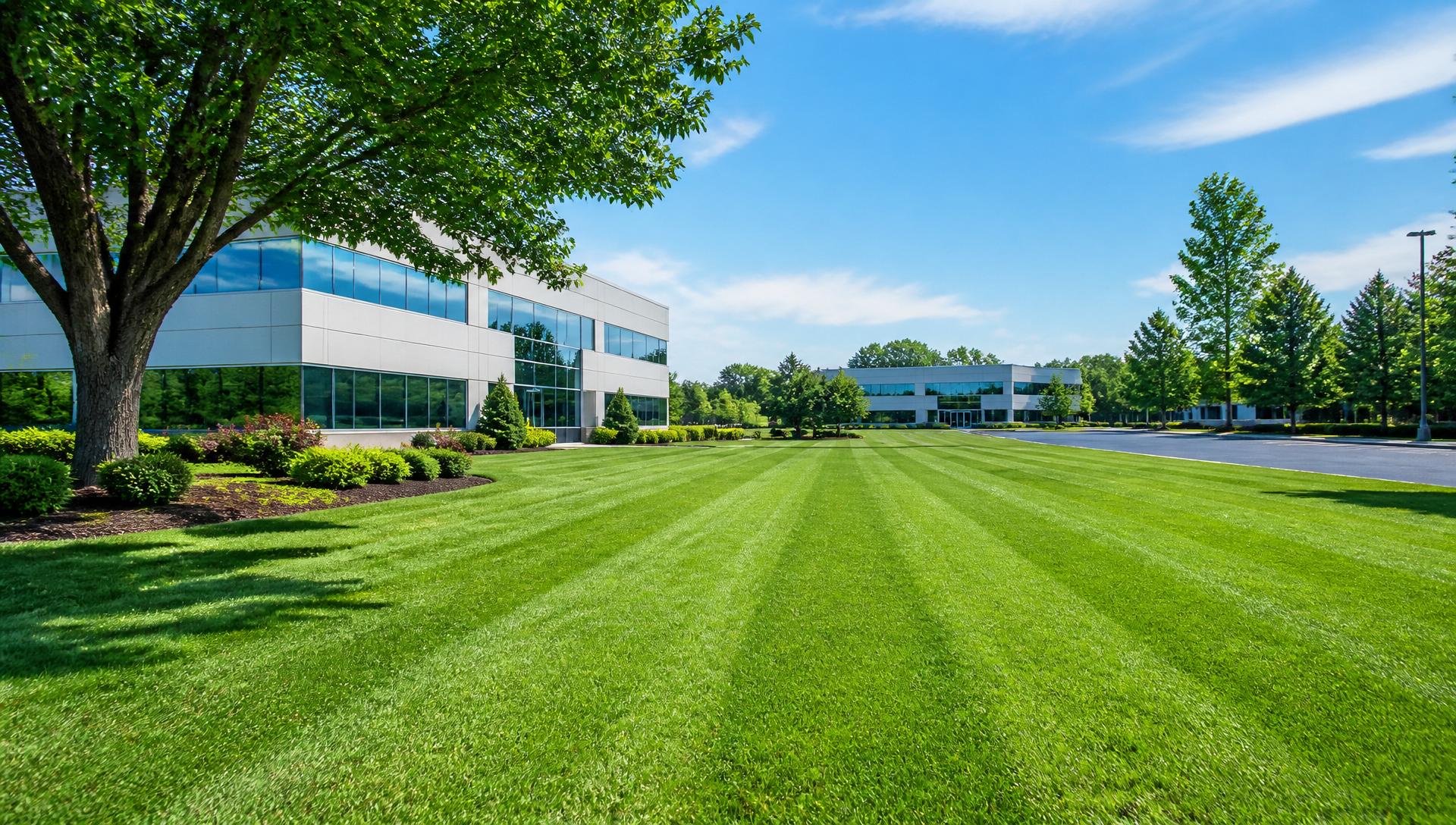 Freshly maintained residential lawn with clean mowing stripes